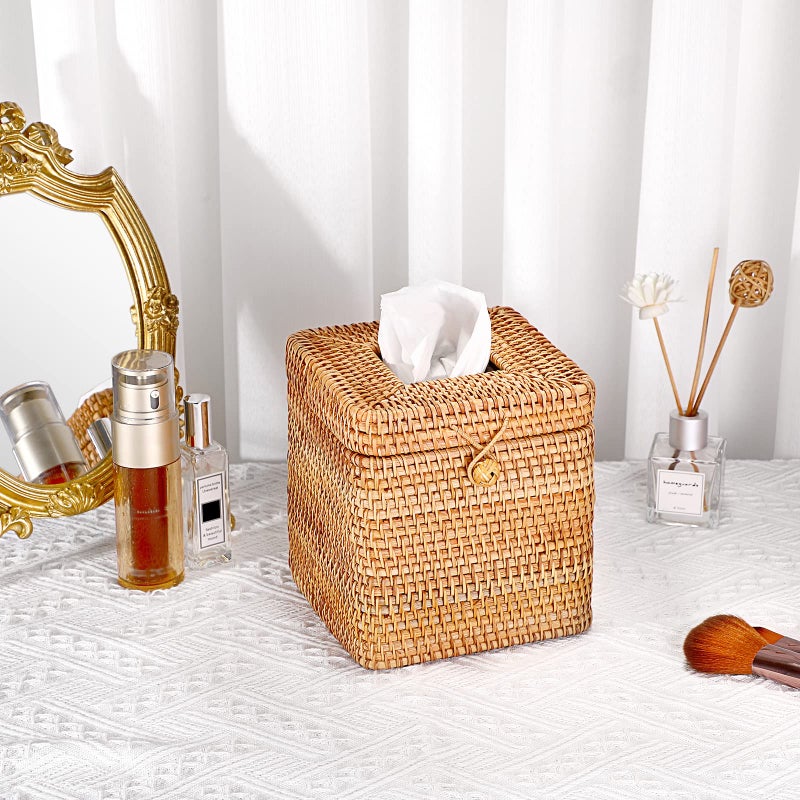 Sumnacon Tissue Box Cover Square Tissue Box Rattan Tissue Box Holder with Hinged Top Lid  Wicker Tissue Holder for Bathroom Toilet Living Room Kitchen Office Table Desk  Yellow - Image 2